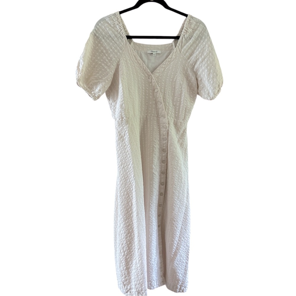Madewell Seersucker Puff Sleeve Button Front Midi Dress Cream White 00
